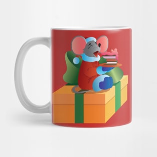 New Year's mouse with a cake on a yellow box with a green bow. Mug